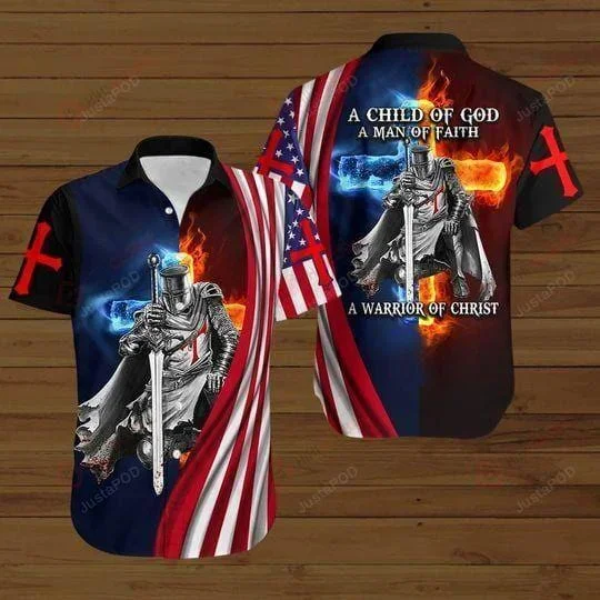 A Child Of God American Flag Fire Knight JeShirt ChriShirtt Gift EaShirtter Day Aloha Hawaiian Shirt- For men and women – Fanshubus – Fanshubus.com