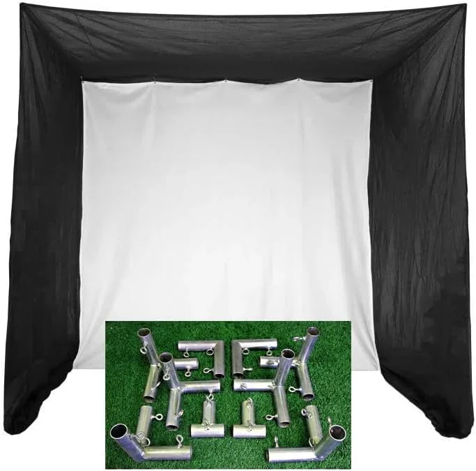 Cimarron Sports Tour Simulator Golf Practice Hitting Net Enclosure with 10′ x 10′ White Simulator Ready Projection Impact Screen and 5′ x 10′ x 10′ DIY Golf Frame Corner Kit