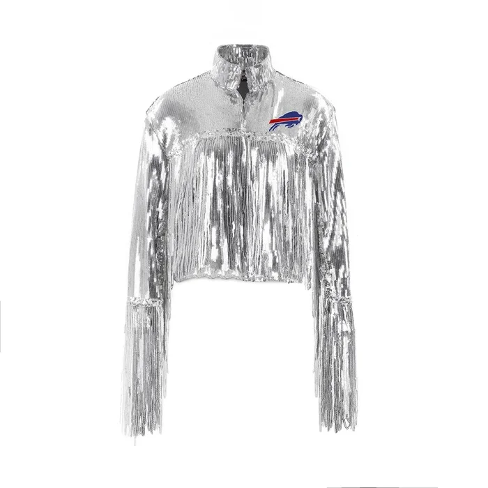 Cuce Women’s Buffalo Bills Sequin Blazer w/ Fringe Detail – White