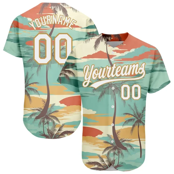Custom Aqua White-Old Gold 3D Pattern Design Cartoon Hawaii Palm Trees Authentic Baseball Jersey – Fanshubus.com