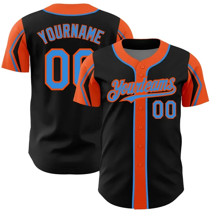 Custom Black Electric Blue-Orange 3 Colors Arm Shapes Authentic Baseball Jersey – Fanshubus.com