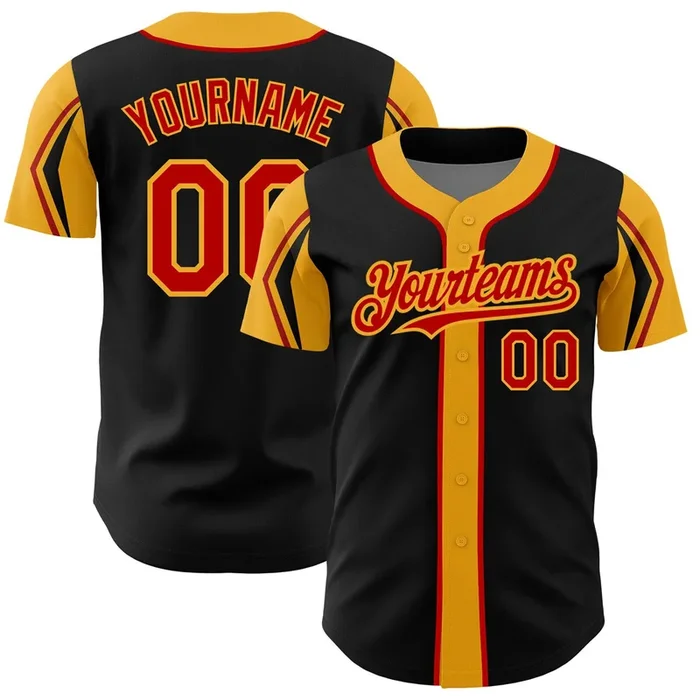 Custom Black Red-Gold 3 Colors Arm Shapes Authentic Baseball Jersey – Fanshubus.com
