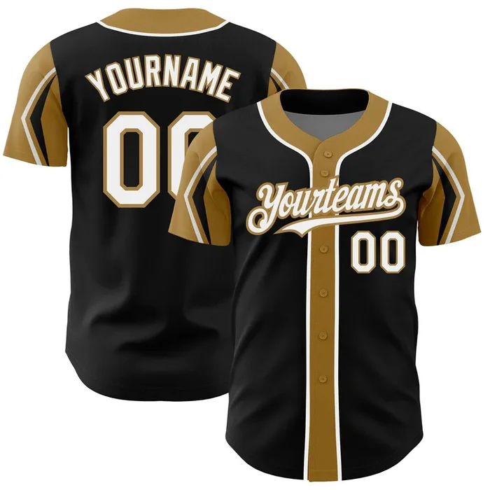 Custom Black White-Old Gold 3 Colors Arm Shapes Authentic Baseball Jersey – Fanshubus.com