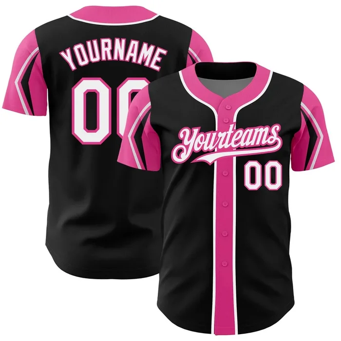 Custom Black White-Pink 3 Colors Arm Shapes Authentic Baseball Jersey – Fanshubus.com