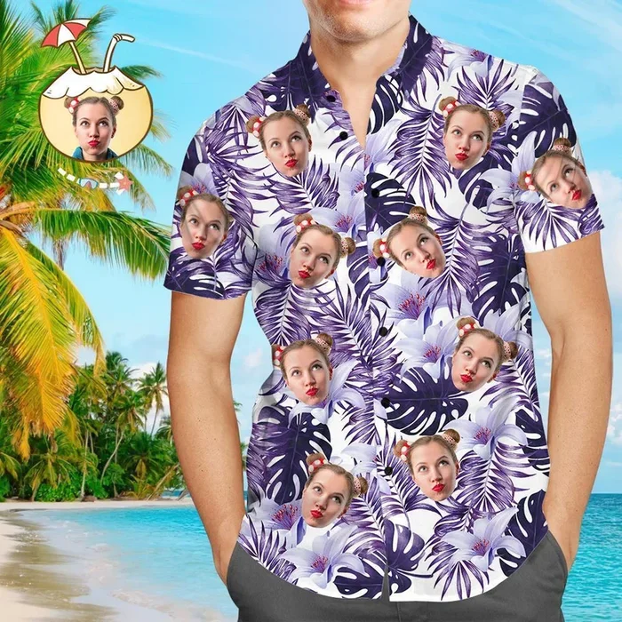 Custom Face Shirt Men’s Hawaiian Shirt Purple Flowers – White- For men and women – Fanshubus – Fanshubus.com