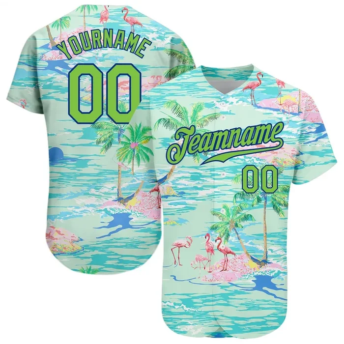 Custom Lakes Blue Neon Green-Royal 3D Pattern Design Beach Hawaii Palm Trees And Flamingo Authentic Baseball Jersey – Fanshubus.com