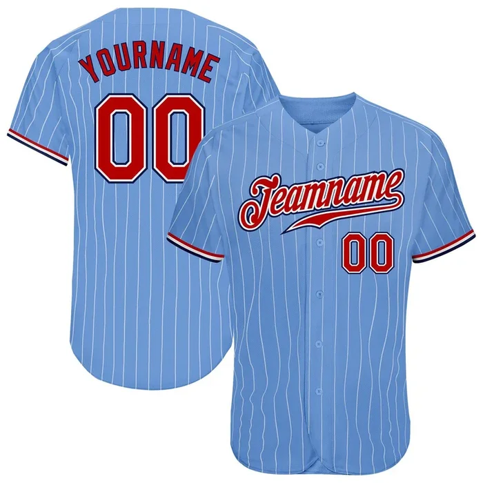 Custom Light Blue White Pinstripe Red-Navy Authentic Baseball Jersey – Fanshubus.com