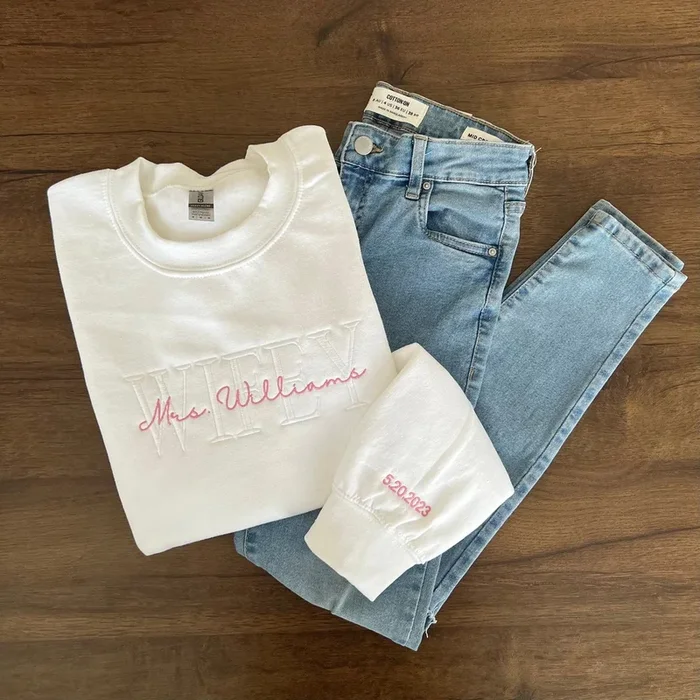 Custom Mrs. Embroidered Sweatshirt, Date On Sleeve, Hubby Wifey Shirt, Gift For Bride, Future Mrs Hoodie, Engagement Gift, Bride To Be – Fanshubus.com
