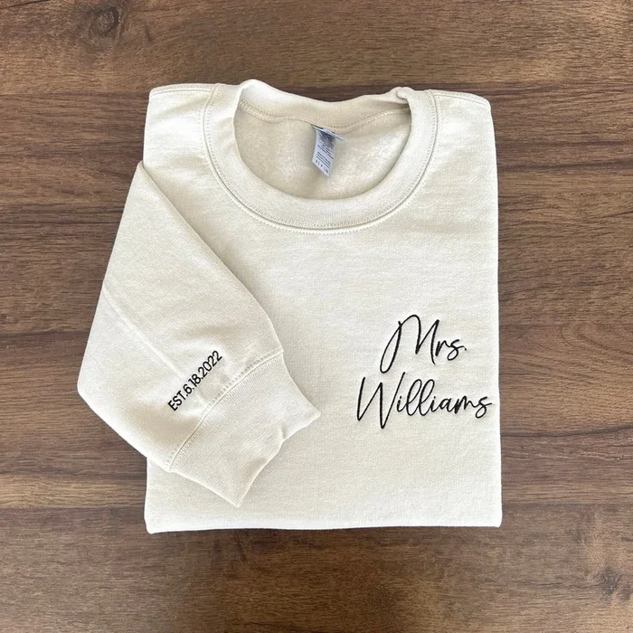Custom Mrs. Embroidered Sweatshirt, Date On Sleeve, Personalized Gift for Bride, Wife Shirt, Future Mrs Hoodie, Engagement Gift, Bride To Be – Fanshubus.com