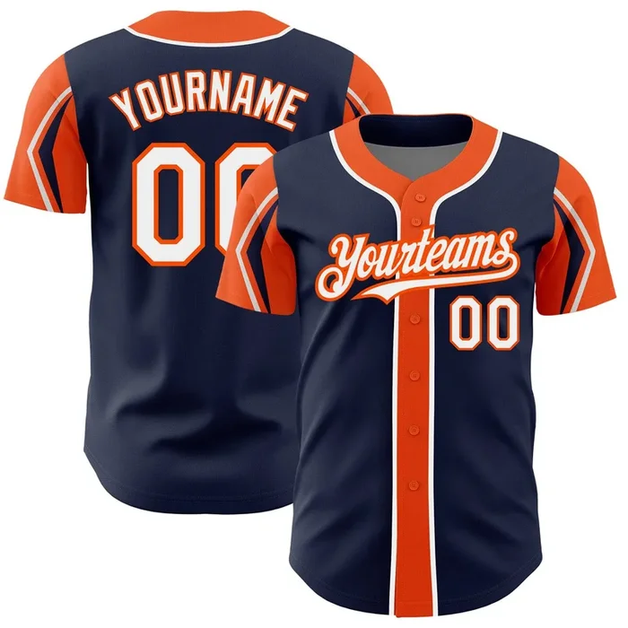 Custom Navy White-Orange 3 Colors Arm Shapes Authentic Baseball Jersey – Fanshubus.com