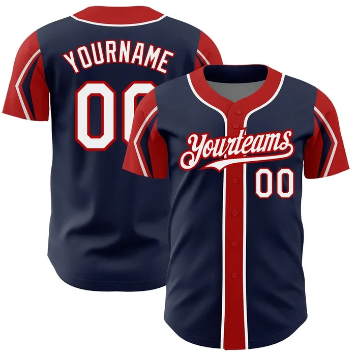 Custom Navy White-Red 3 Colors Arm Shapes Authentic Baseball Jersey – Fanshubus.com