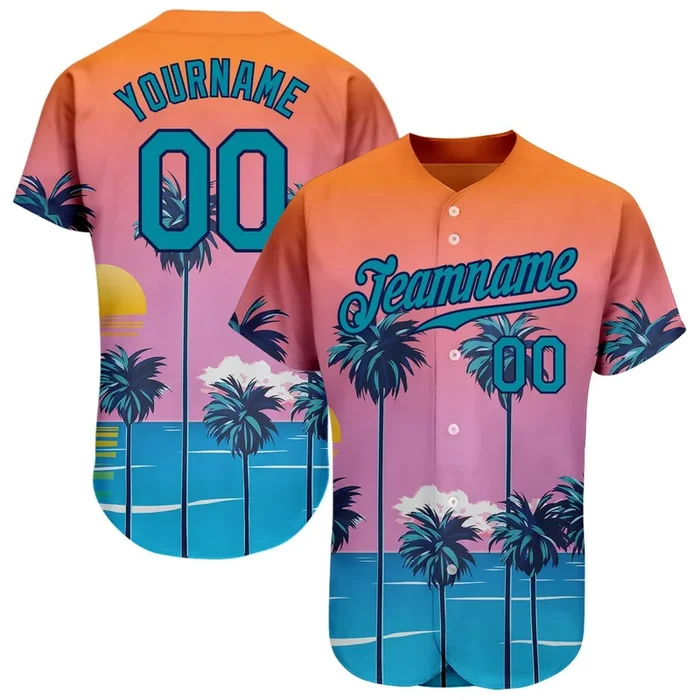 Custom Orange Teal-Navy 3D Pattern Design Sun Beach Hawaii Palm Trees Authentic Baseball Jersey – Fanshubus.com