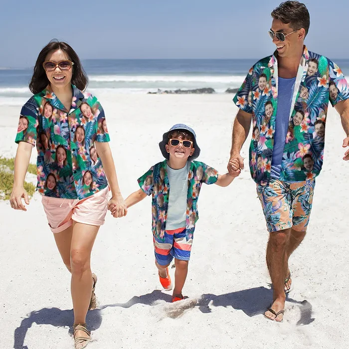 Custom Photo Hawaiian Shirt Parent-child Wears Personalised Face Hawaiian Shirt Gift Colorful Flowers – For men and women – Fanshubus – Fanshubus.com