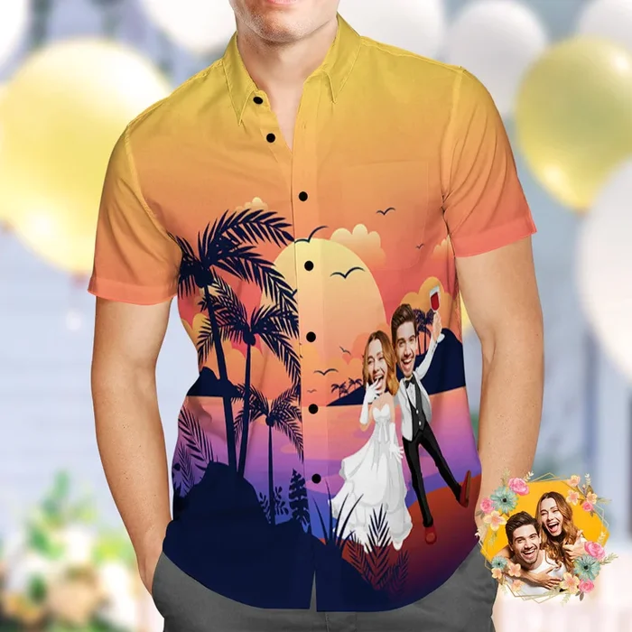 Custom Photo Hawaiian Shirt Personalised Sunset and Coconut Grove Wedding Hawaiian Shirt – For men and women – Fanshubus – Fanshubus.com