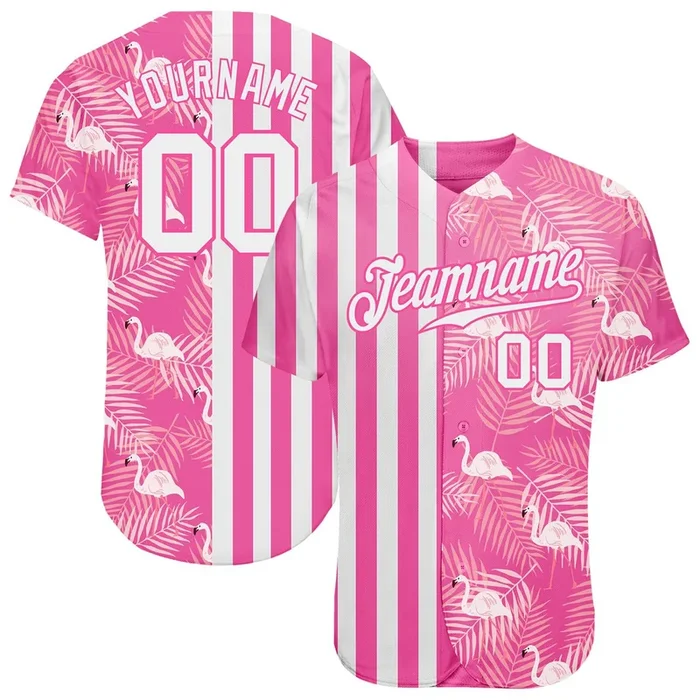 Custom Pink White 3D Pattern Design Tropical Palm Leaves And Famingo Authentic Baseball Jersey – Fanshubus.com