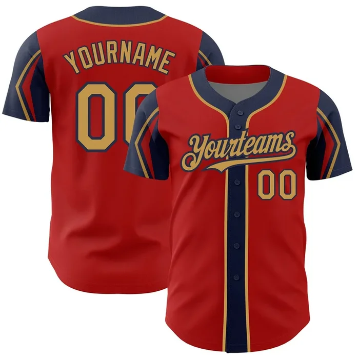 Custom Red Old Gold-Navy 3 Colors Arm Shapes Authentic Baseball Jersey – Fanshubus.com