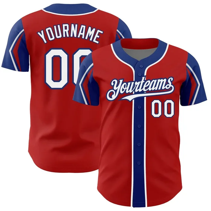Custom Red White-Royal 3 Colors Arm Shapes Authentic Baseball Jersey – Fanshubus.com
