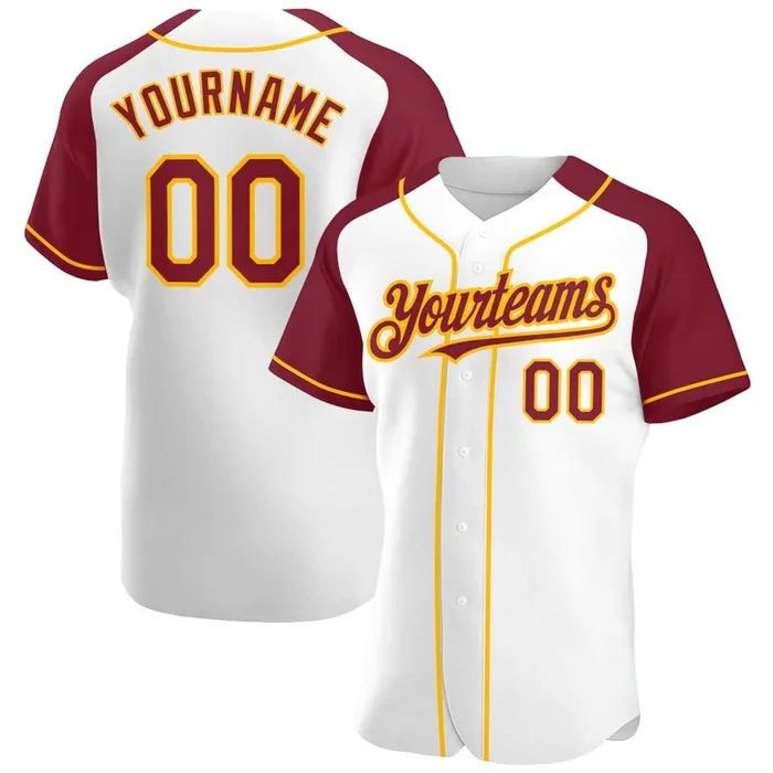 Custom White Crimson-Gold Authentic Raglan Sleeves Baseball Jersey – Fanshubus.com