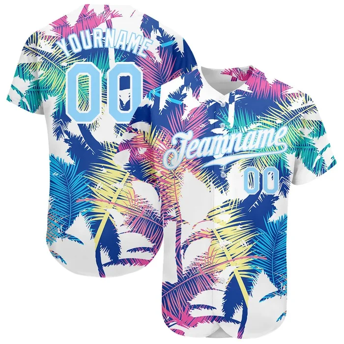 Custom White Light Blue 3D Pattern Design Hawaii Palm Trees Authentic Baseball Jersey – Fanshubus.com