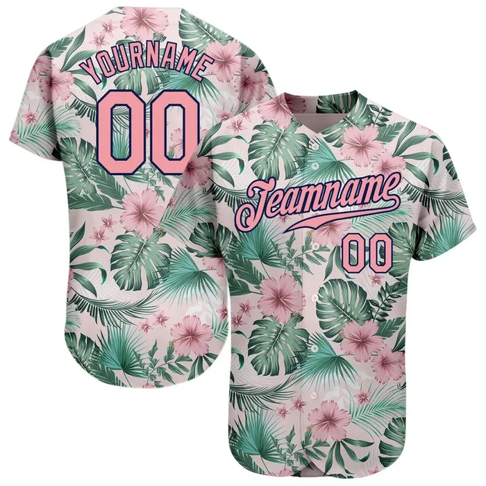 Custom White Medium Pink-Navy 3D Pattern Design Hawaii Palm Leaves And Flowers Authentic Baseball Jersey – Fanshubus.com