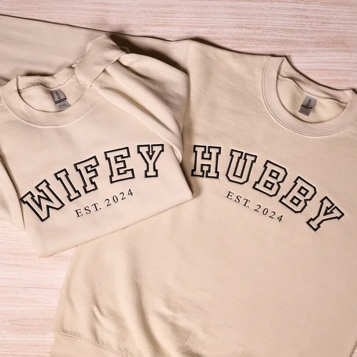 Custom Wifey & Hubby Embroidery Sweatshirt, Personalized Matching Couple Hoodie With Est Date, Newlywed Honeymoon Outfit, Anniversary Gifts – Fanshubus.com