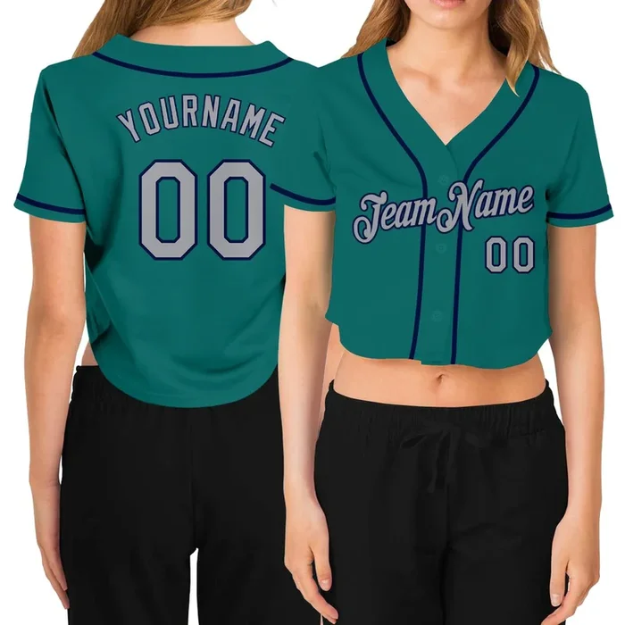 Custom Women’s Aqua Gray-Navy V-Neck Cropped Baseball Jersey – Fanshubus.com