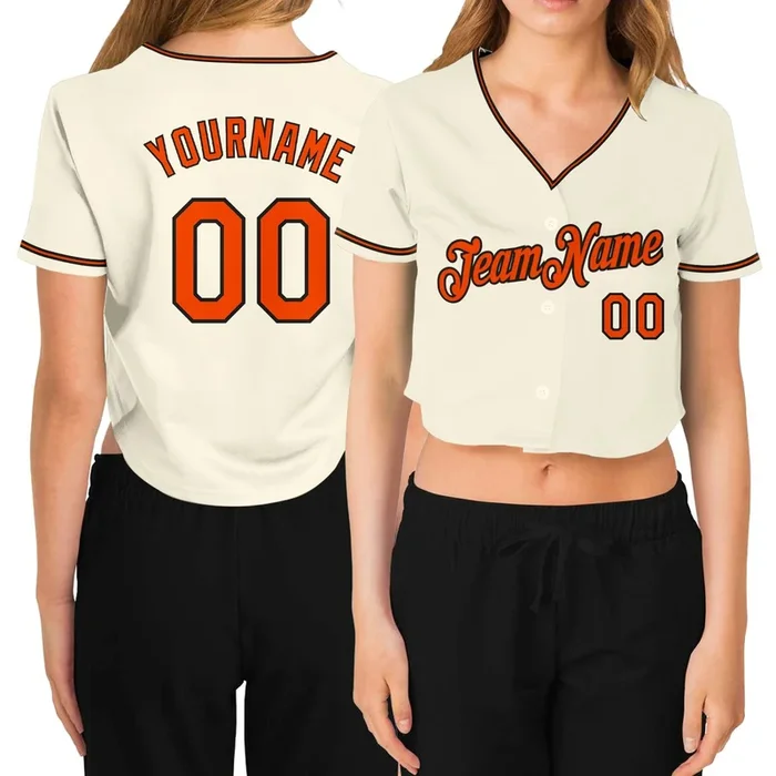 Custom Women’s Cream Orange-Black V-Neck Cropped Baseball Jersey – Fanshubus.com