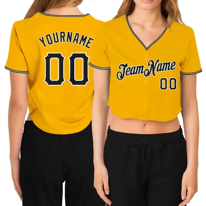 Custom Women’s Gold Black-White V-Neck Cropped Baseball Jersey – Fanshubus.com