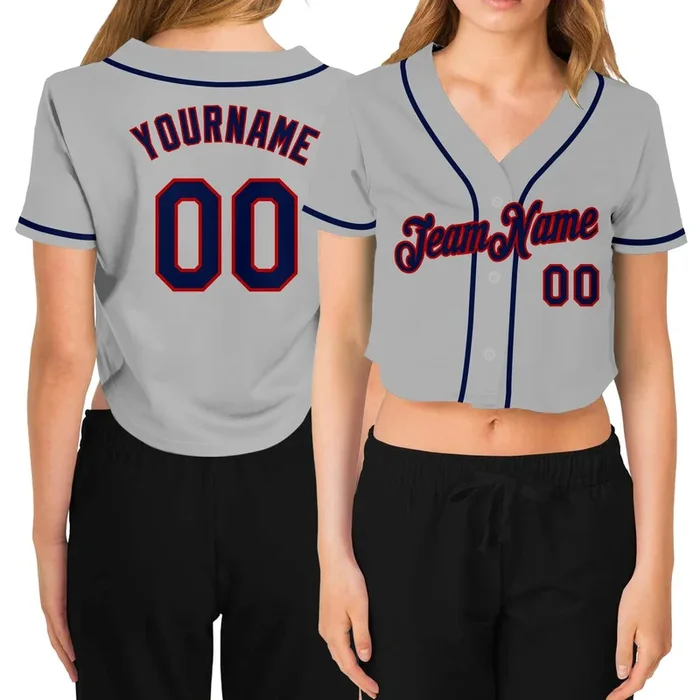 Custom Women’s Gray Navy-Red V-Neck Cropped Baseball Jersey – Fanshubus.com