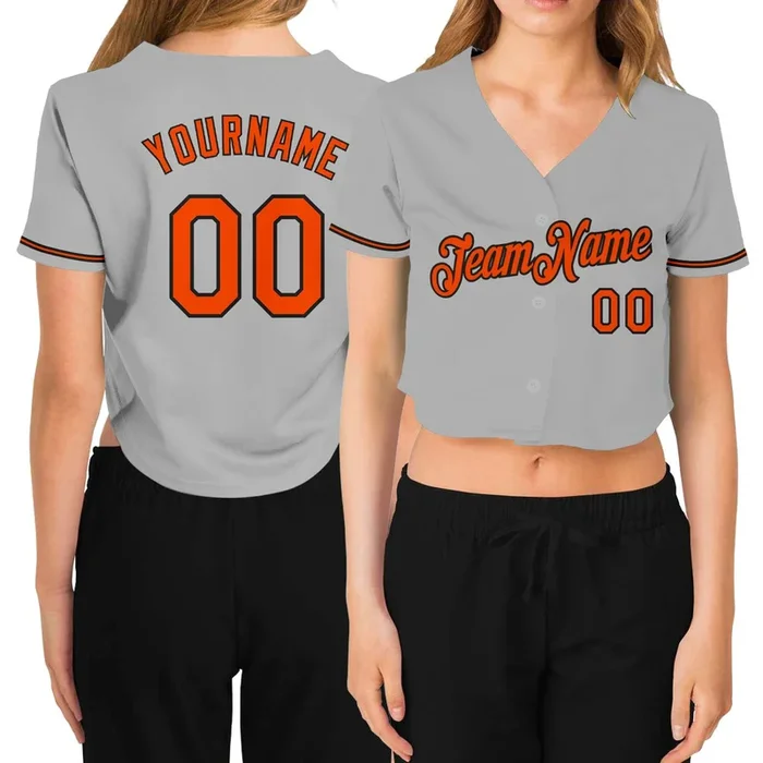 Custom Women’s Gray Orange-Black V-Neck Cropped Baseball Jersey – Fanshubus.com