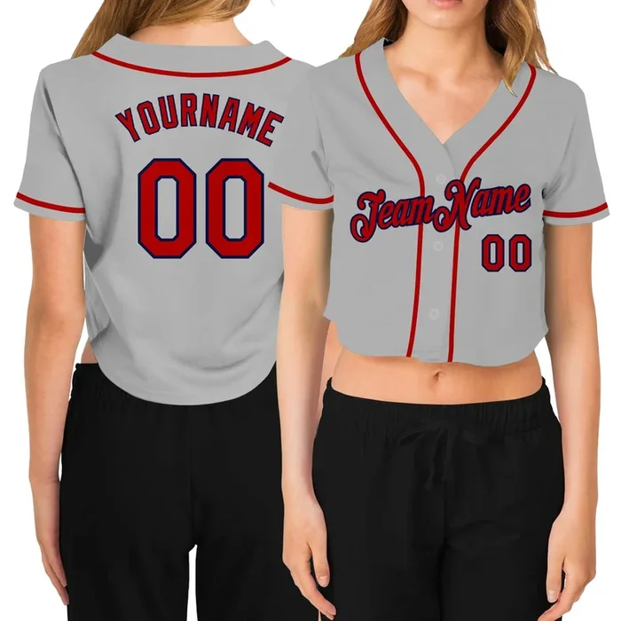 Custom Women’s Gray Red-Navy V-Neck Cropped Baseball Jersey – Fanshubus.com