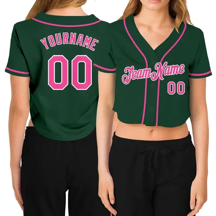Custom Women’s Green Pink-White V-Neck Cropped Baseball Jersey – Fanshubus.com
