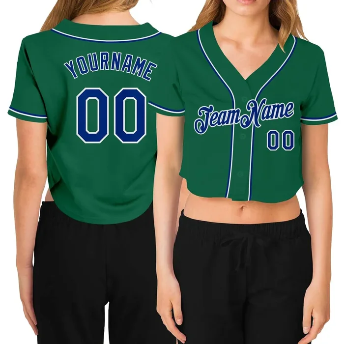Custom Women’s Kelly Green Royal-White V-Neck Cropped Baseball Jersey – Fanshubus.com
