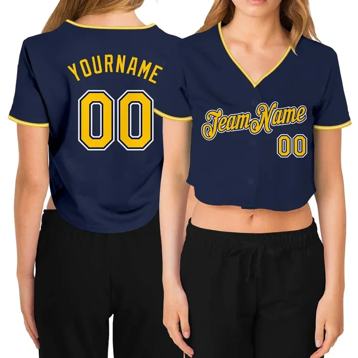Custom Women’s Navy Gold-White V-Neck Cropped Baseball Jersey – Fanshubus.com