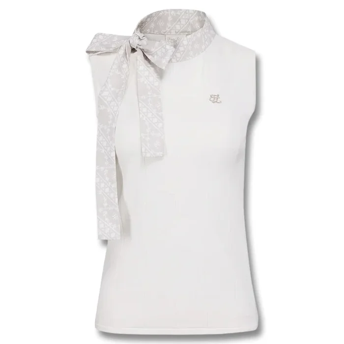 Fairliar Patterned Neck Ribbon Sleeveless Knit Golf Polo White – SS25 Women
