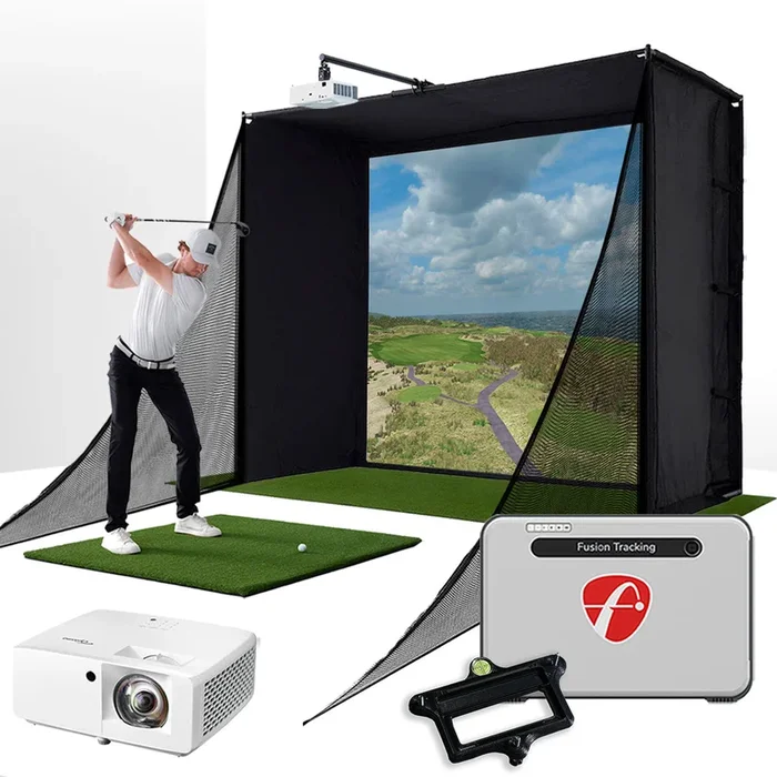 FlightScope Mevo+ with PlayBetter SimStudio™ COMPLETE Package | Golf Simulator Studio with Impact Screen, Enclosure, Side Barriers, Hitting/Putting Mats, Projector & Alignment Stand