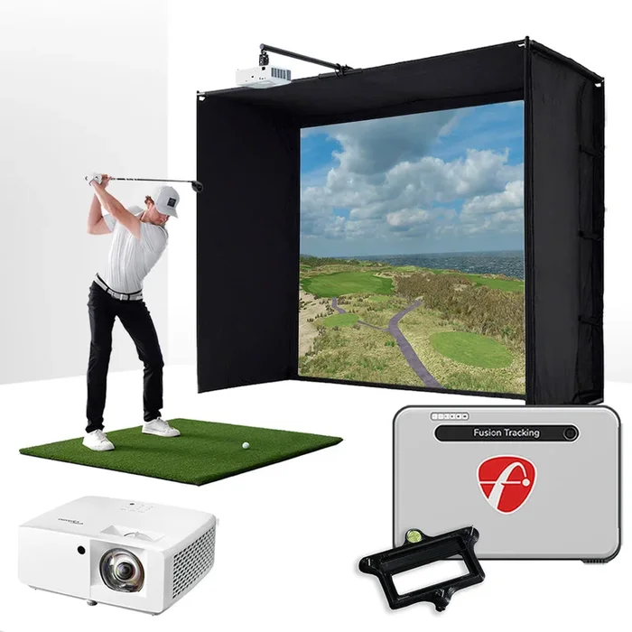 FlightScope Mevo+ with PlayBetter SimStudio™ ESSENTIALS Package | Golf Simulator Studio with Impact Screen, Enclosure, Hitting Mat, Projector & Alignment Stand