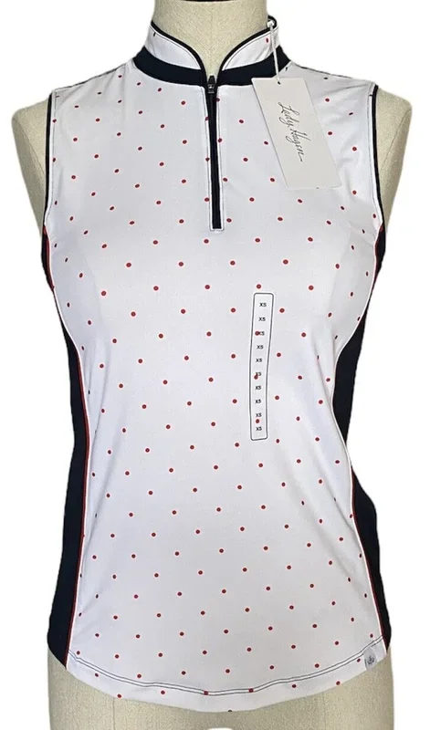 Lady Hagen Mock Neck Dot Sleeveless Polo Golf Shirt Red White Navy Blue XS