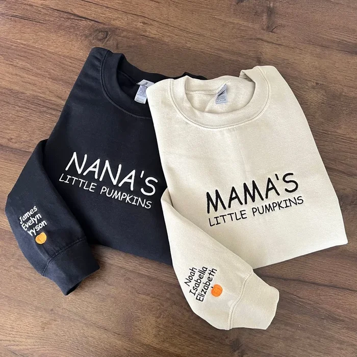Mama’s Little Pumpkins Embroidered Sweatshirt, Custom Mama Shirt With Kids Names, Pumpkin On Sleeve, Fall Autumn Hoodie, Gift For New Mom – Fanshubus.com