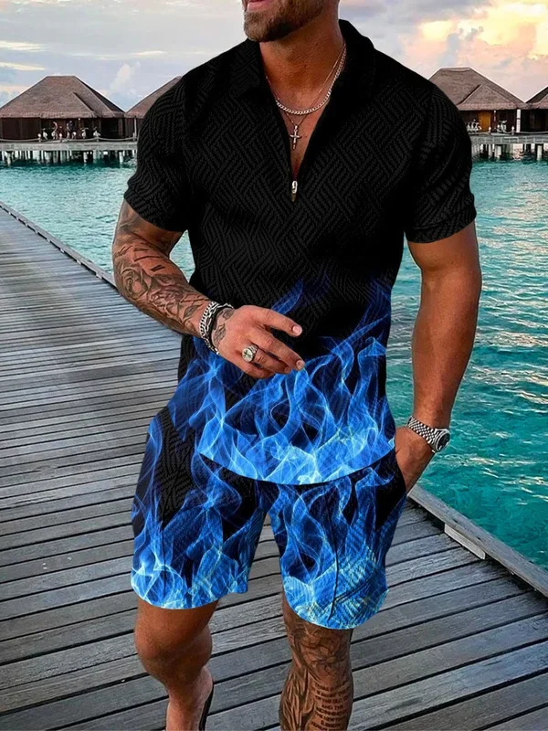 Men’s Tie-Dye Zip Polo Shirt and Shorts Two-Piece Suits – Fanshubus.com