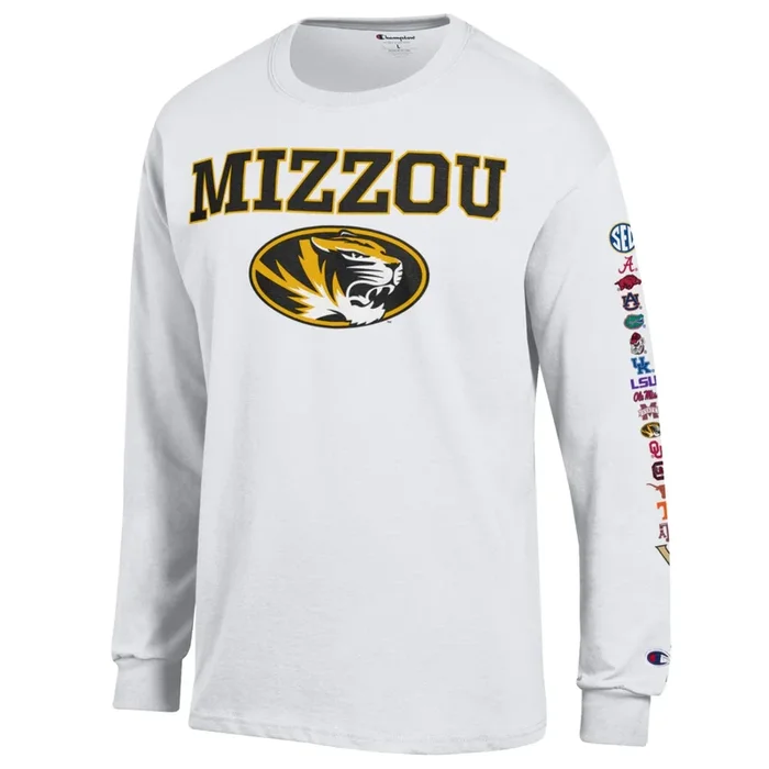 Mizzou Tigers Champion® SEC All Teams Logo’s Sleeve Oval Tiger Head White Long Sleeve T-Shirt