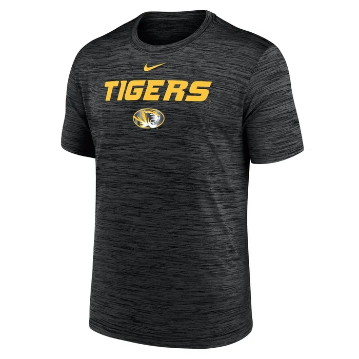 Mizzou Tigers Nike® 2025 Velocity Sideline Tigers Bold Font Oval Tiger Head Dri-Fit Black Heather T-Shirt