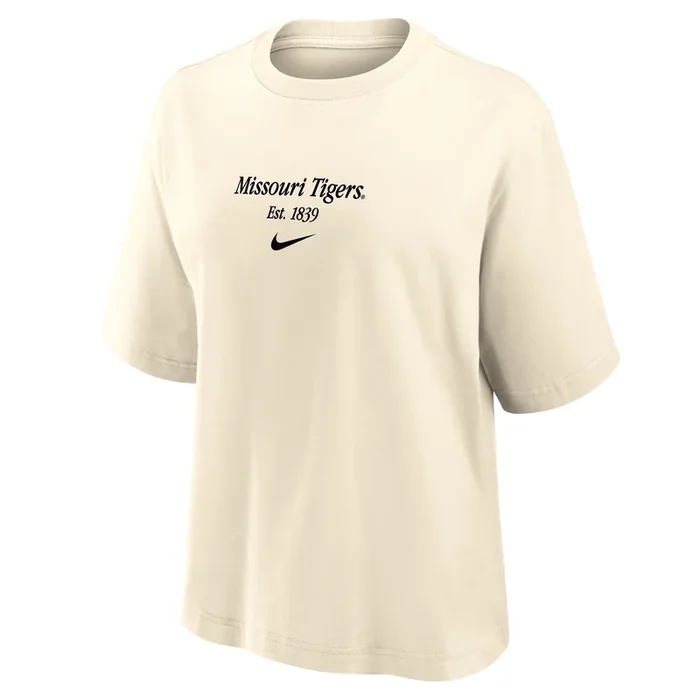Mizzou Tigers Nike® 2025 Women’s Boxy Missouri Tigers Script Off White T-Shirt