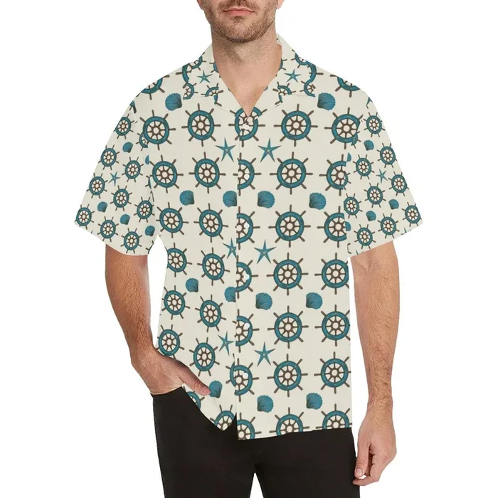 Nautical Steering Wheel Rudder Shell Pattern Men’s All Over Print Hawaiian Shirt- For men and women – Fanshubus – Fanshubus.com