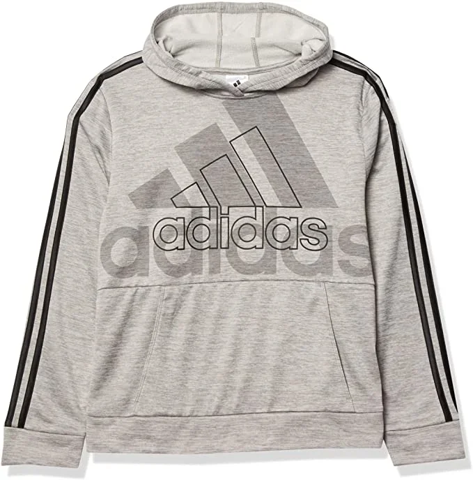 New Adidas Boy’s BOS Fleece Hoodie Size 8 Gray/Black Pullover Kangaroo Pouch