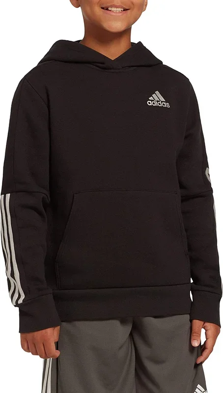 New Adidas Boys Fleece 3-Stripe Pullover Hoodie Black Size Medium