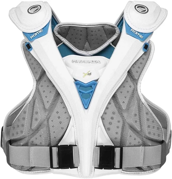 New Maverik Rome Speed Lacrosse Adult Shoulder Pads Medium White/Blue/Silver