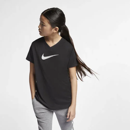 New Nike Dry Legend V-Neck Swoosh T-Shirt Girls Medium Grade School Black/White
