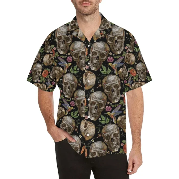 Skull rose humming bird flower pattern Men’s All Over Print Hawaiian Shirt- For men and women – Fanshubus – Fanshubus.com