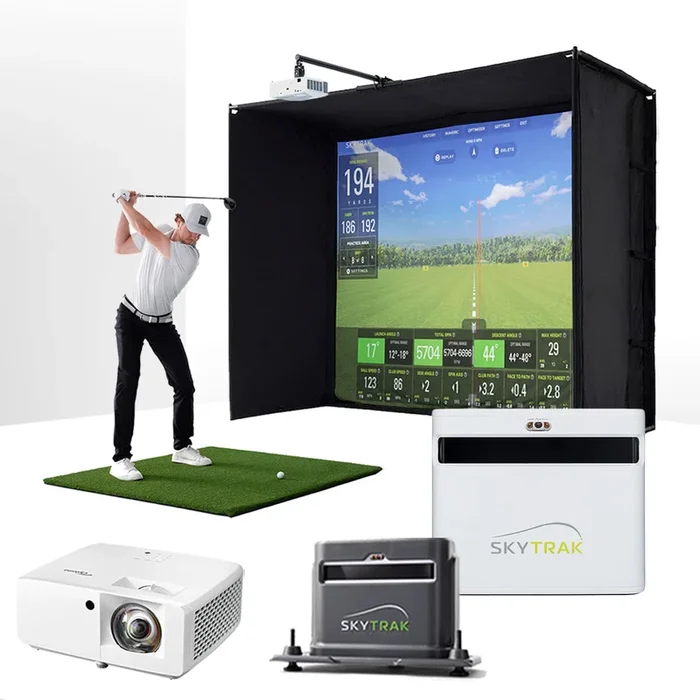 SkyTrak+ with PlayBetter SimStudio™ ESSENTIALS Package | Golf Simulator Studio with Impact Screen, Enclosure, Hitting Mat, Projector & Protective Case